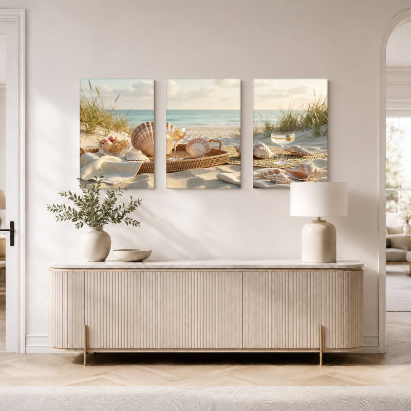 Ensemble de 3 toiles de coquillages et de cocktails sur la plage de sable, 24"H x 16"W x 3pcs