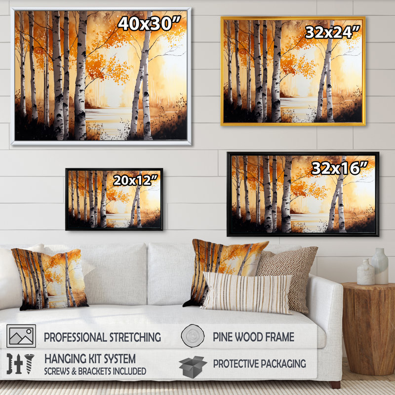 «Yellow Birches by the Lakeside I», reproduction sur toile, H 12 po x l 20 po x P 1 po, Cadre flottant noir
