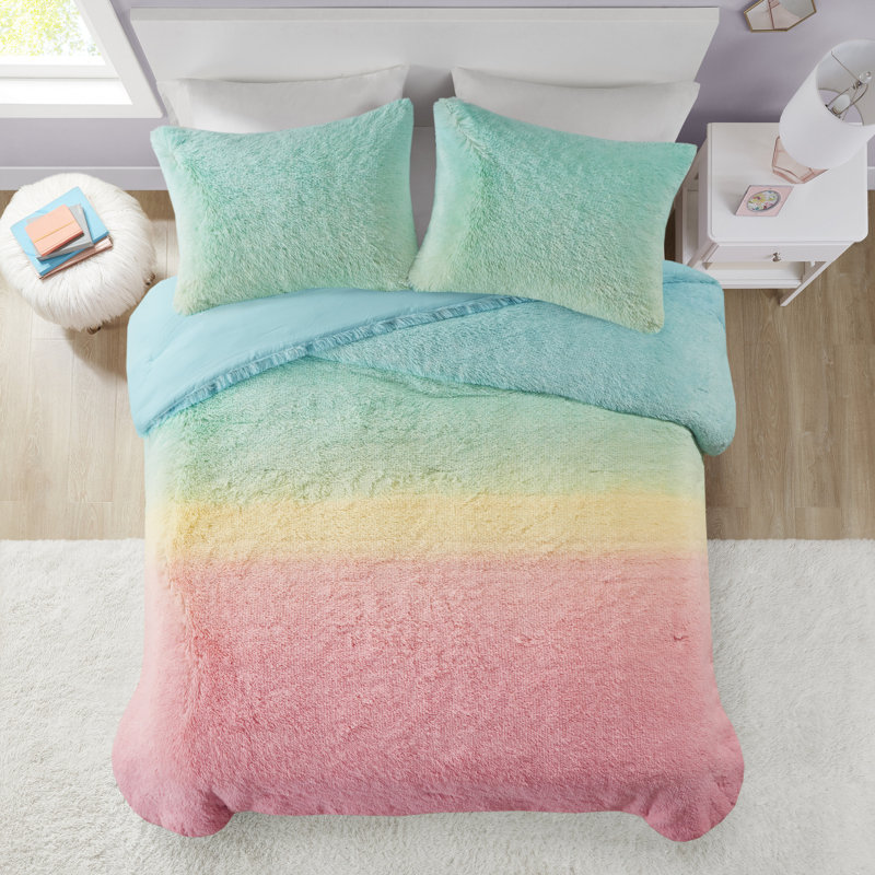 Primrose Pastel Ombre Shaggy Faux Fur Comforter Set, Twin/Twin XL Comforter + 1 Standard Sham, Pink/Yellow/Teal
