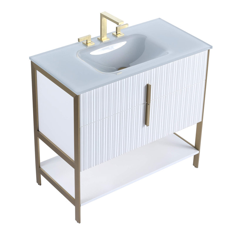 Meuble-lavabo simple avec plateau en verre Millisa, Laiton satiné, Blanc mat, 36"