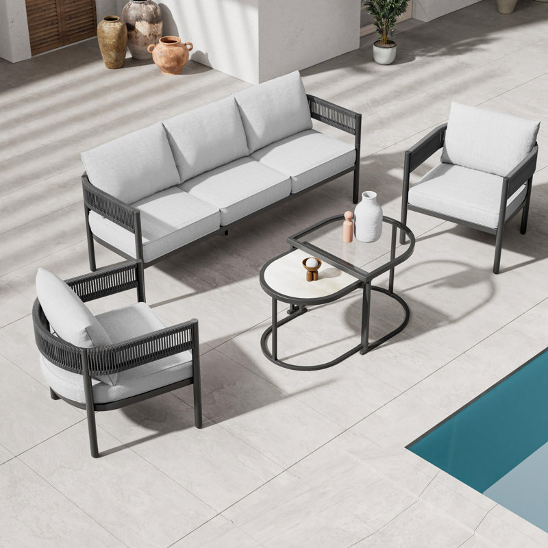 Maine Defino 5 Piece Steel Wicker Seating Group With Sofa And Cushions, Mixed Gray Beige