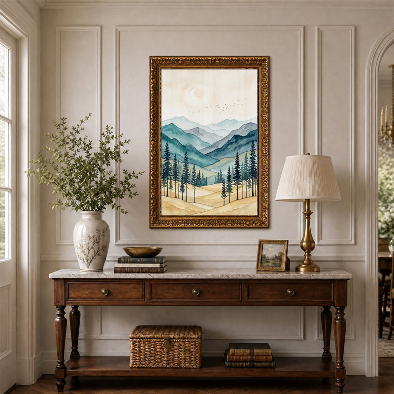 Art mural sur toile Teal Mountain Range with Pine Trees and Birds, H 24 po x l 16 po