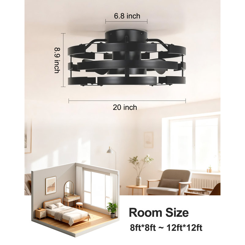 20'' Flush Mount Ceiling Fan with Lights, Low Profile Caged Ceiling Fan with Remote, Black