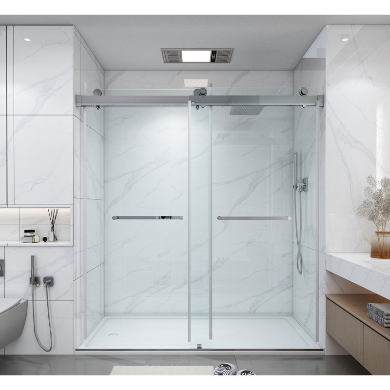 Tempered Glass Double Sliding Framless Shower Door, Chrome, 48"