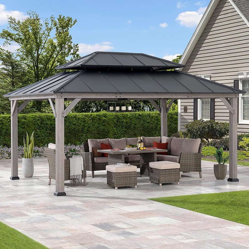 Sunjoy 12 ft. x 16 ft. Cedar Framed Gazebo with Steel Hardtop, Grey Cedar Wood, Matte Black