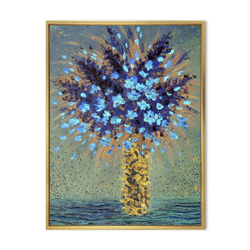 Fleurs bleues - peinture, H 12 po x l 8 po x P 1 po, Cadre flottant doré