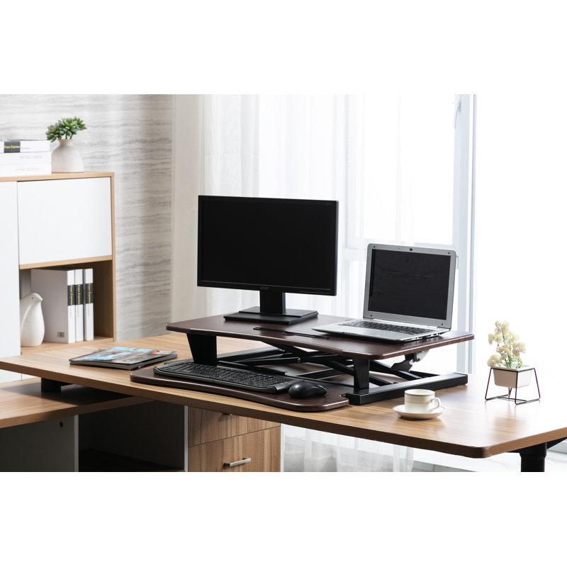 Adjustable Metal Base Standing Desk Converter, Walnut/Black, 20.5" H x 36" W x 25.6" D