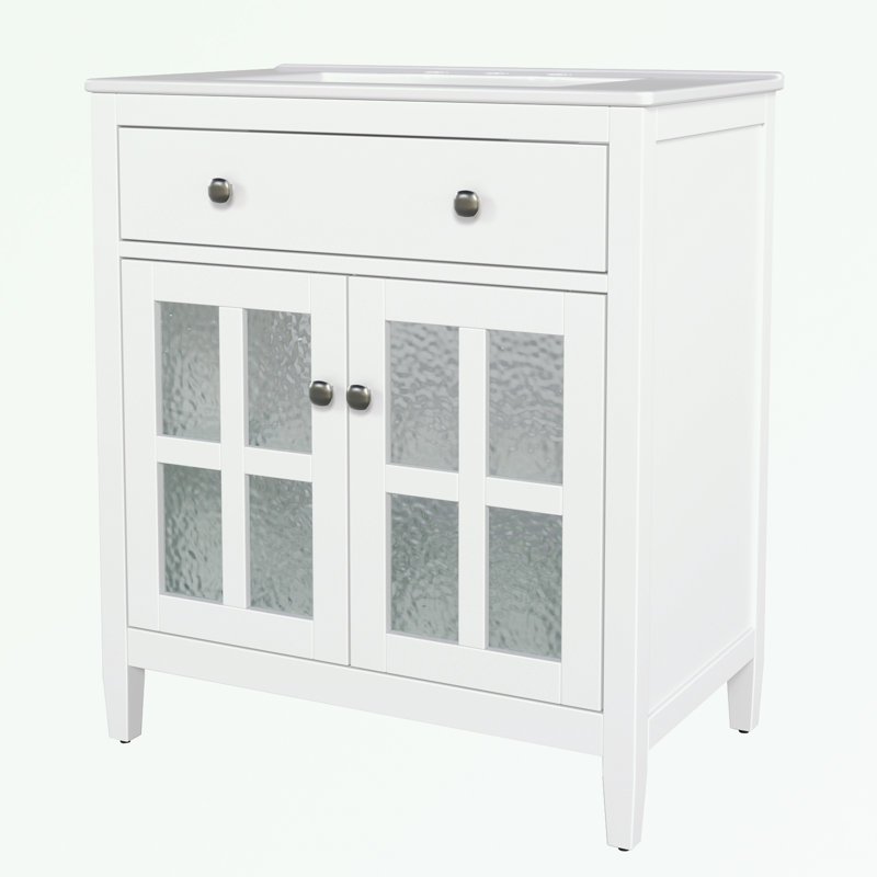 Meuble-lavabo de salle de bain avec lavabo en céramique, tablette réglable et plateau basculant, Blanc