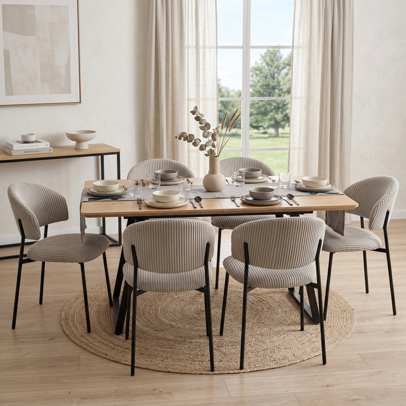 Extendable Dining Table Set of 6, 130 x 170cm Oak Finish MDF Rectangular Top, 6 Corduroy Chair, Modern Contemporary Style for Dining Room and Kitchen