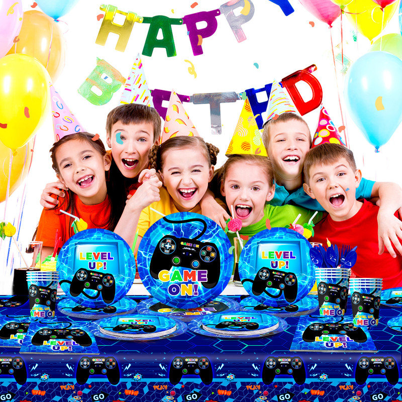 Ensemble de vaisselle Gamer Birthday Decorations, 65 pièces, bleu