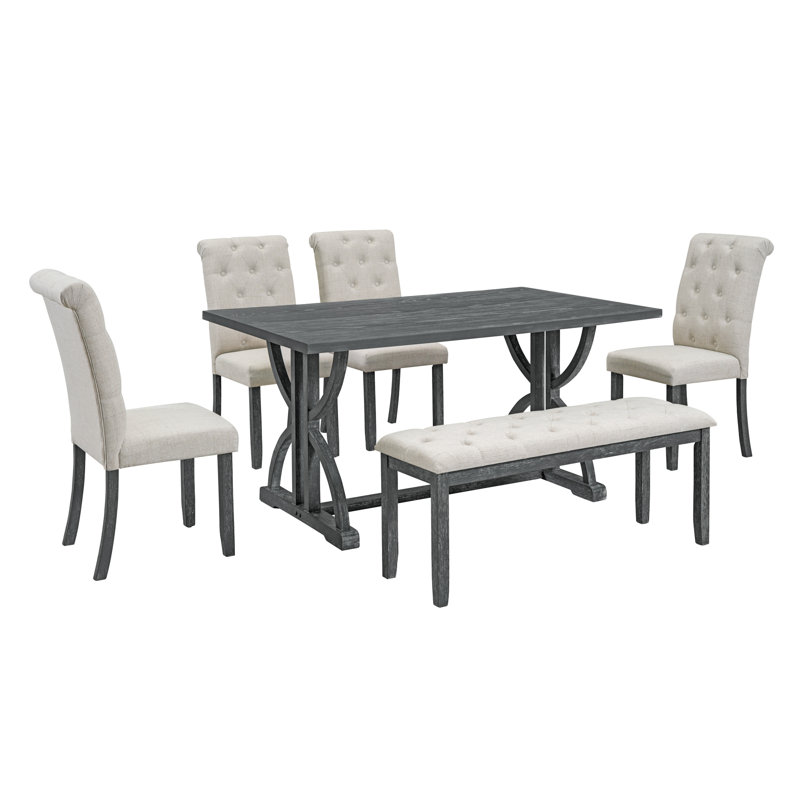 Ensemble de salle à manger 6 pièces avec table rectangulaire, pieds sculptés uniques, 4 chaises rembourrées et banc, idéal pour les cuisines ou les salles à manger