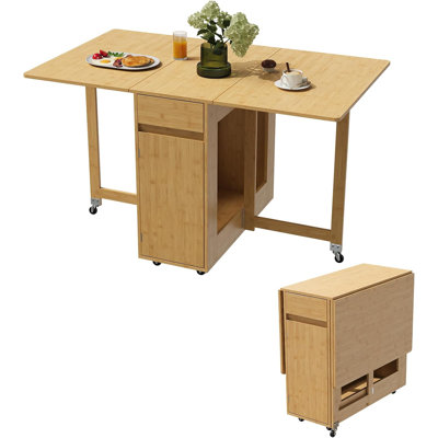 3-in-1 Folding Dining Table with Storage Drawer & Shelves, Drop Leaf Desk on 6 Locking Wheels, Mobile Space-Saving Kitchen Cart for Small Apartments