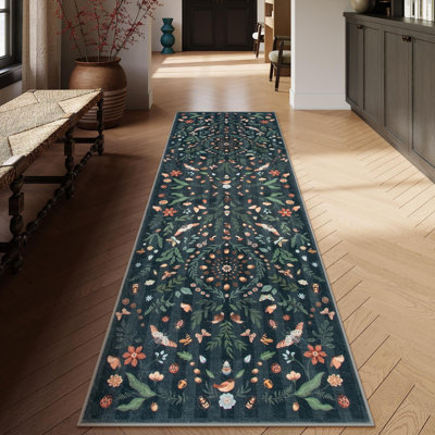 Botanical Garden Washable Area Rug with Vintage Wildflower & Butterfly Design