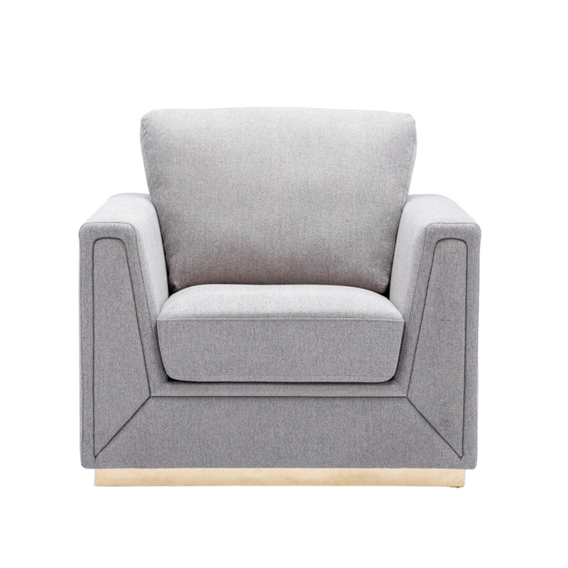 Fauteuil décoratif Sylvie, lin gris, base carrée moderne dorée