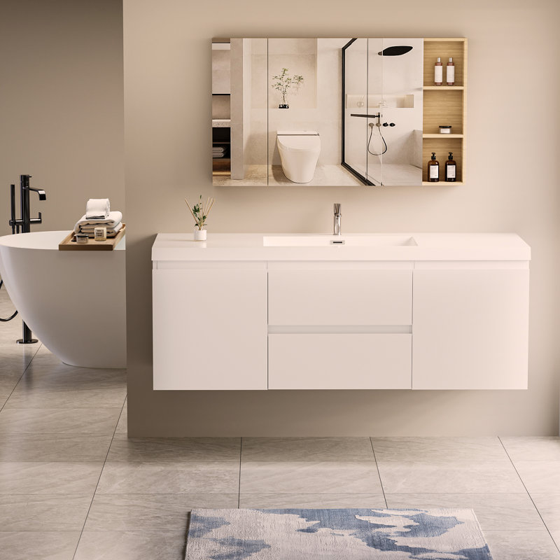 Meuble-lavabo mural 60 po avec lavabo, meuble-lavabo mural moderne 60 po avec lavabo en résine et tiroirs