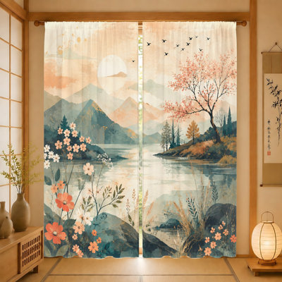 2Pcs Scenic Landscape Curtains, Light Filtering Fabric, Vintage Cherry Blossom and Mountain Print, Sunshade Privacy Protection, Rod-Pocket Design, Suitable for Living Room, Bedroom, Balcony, Kitchen Home Decoration