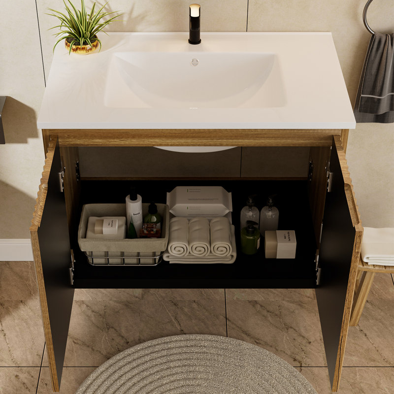 Armoire de salle de bain pliable 30 po avec lavabo, Chêne
