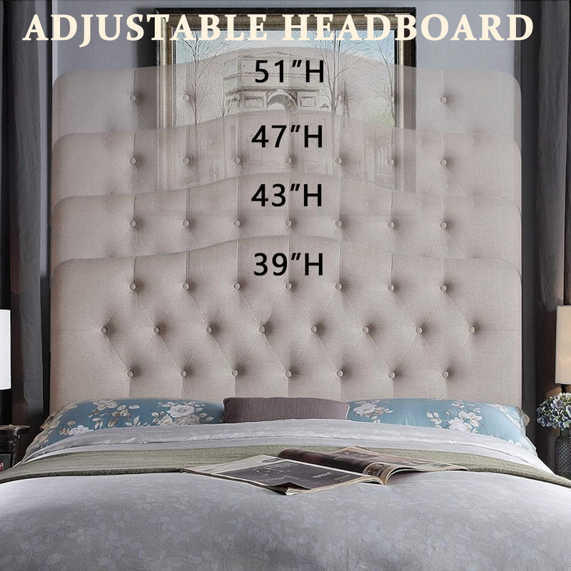 Linen Upholstered Headboard-Modern-Adjustable Height-Button Tufting, Beige, Queen