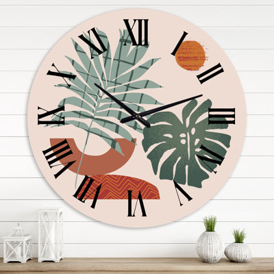 Moon & Sun Shapes In Retro Green & Terracotta Tone - Modern wall clock