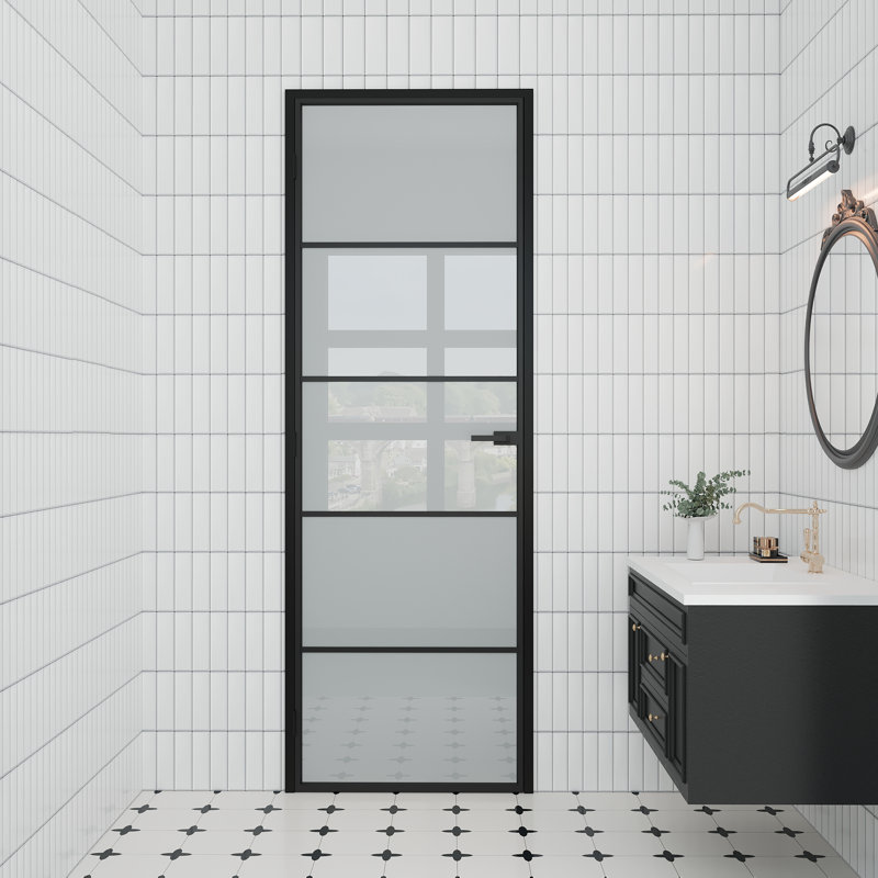 Panneau de porte intérieur en verre givré Aluminun 5-Lite avec cadre et bouton Aluminun, Oui, H 80 po x l 32 po