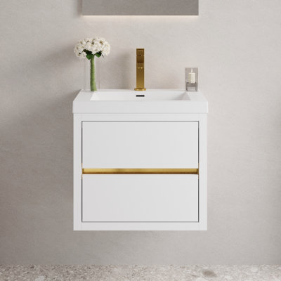 Wall-Mounted Bathroom Vanity With Sink, Floating Bathroom Storage Cabinet With Stone Resin Countertop And Soft Close Drawers, Glossy