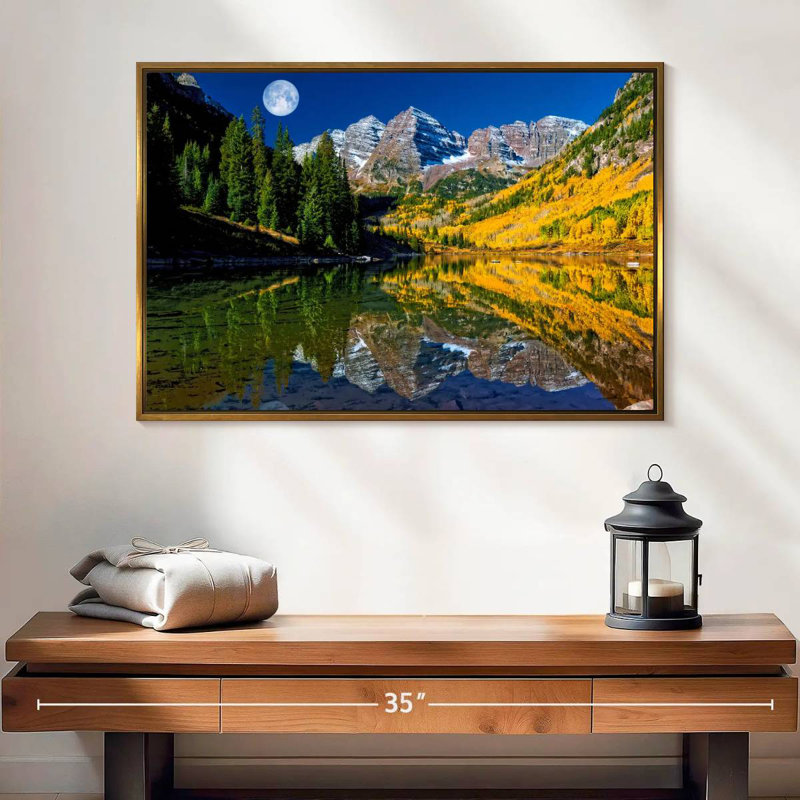 Maroon Bells pleine lune, 25 po x 17 po, Cadre flottant doré