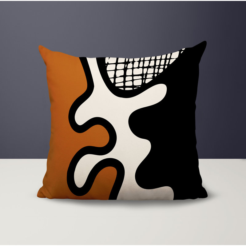 Oreiller carré réversible intérieur / extérieur Vido, H 17 po x l 17 po, Orange brûlé / noir / blanc cassé abstrait