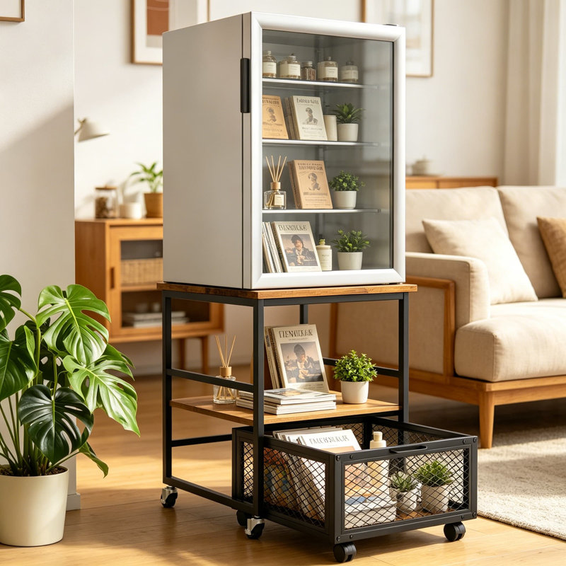 Mini support de réfrigérateur avec 3 rangements, petite table de réfrigérateur pour boissons 19,7 x 19,7 po avec roulettes, chariot à tiroir compact pour bureau à domicile, support pour imprimante, table basse en bois