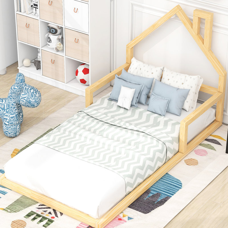 Lit simple en bois avec tête de lit en forme de maison enchanteresse, Lit simple, Naturel
