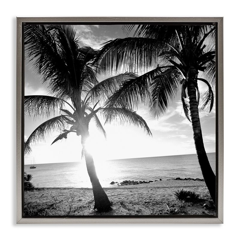«Sunlit Palm Silhouettes» par Susan Bryant, H 18 po x l 18 po, Cadre flottant gris lustré