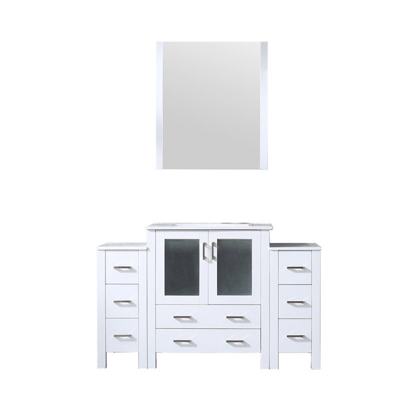 Meuble-lavabo blanc pour la salle de bain, armoires latérales, miroir 28 po, largeur de salle de bain simple en bois à structure principale, fonction de fermeture en douceur, plateau en céramique avec résistance à long terme