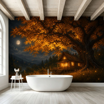 Panneau adhésif pelez et collez, cabane en bois confortable sous un arbre lumineux, auvent, pleine lune, lucioles, art mural auto-adhésif et amovible