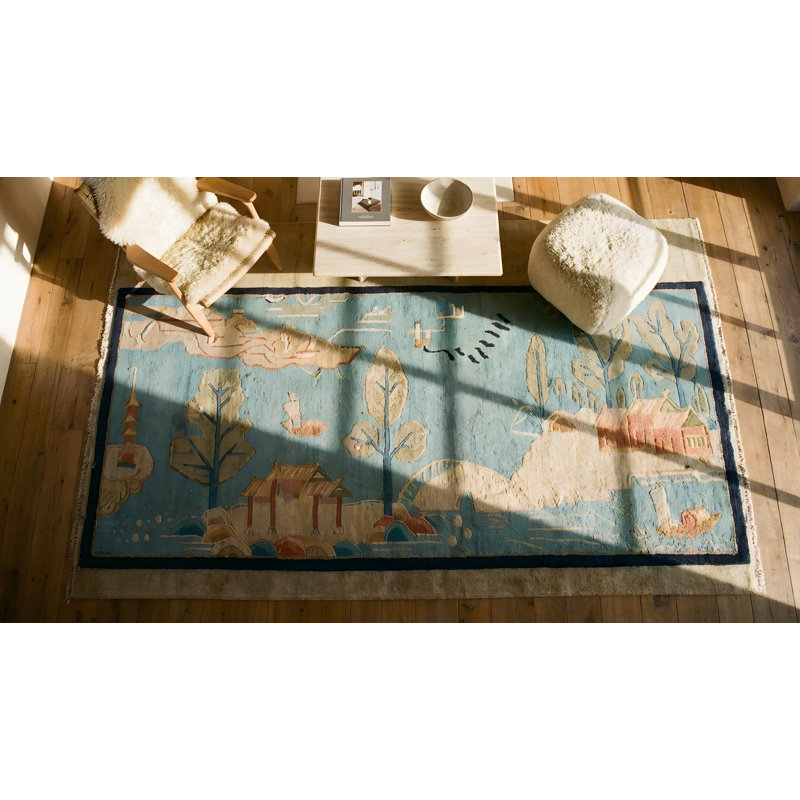 Antique Art Deco Small Scatter Size Wool Blue Rug