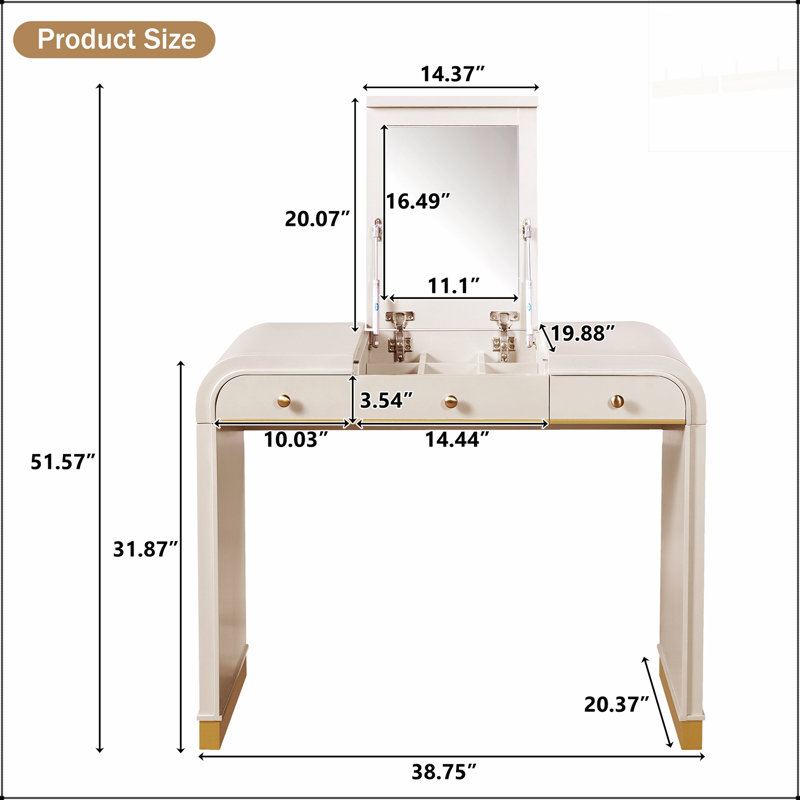 Bureau de coiffeuse classique en bois avec miroir rabattable, coiffeuse 3 en 1 avec 2 tiroirs et espace de rangement pour la chambre à coucher