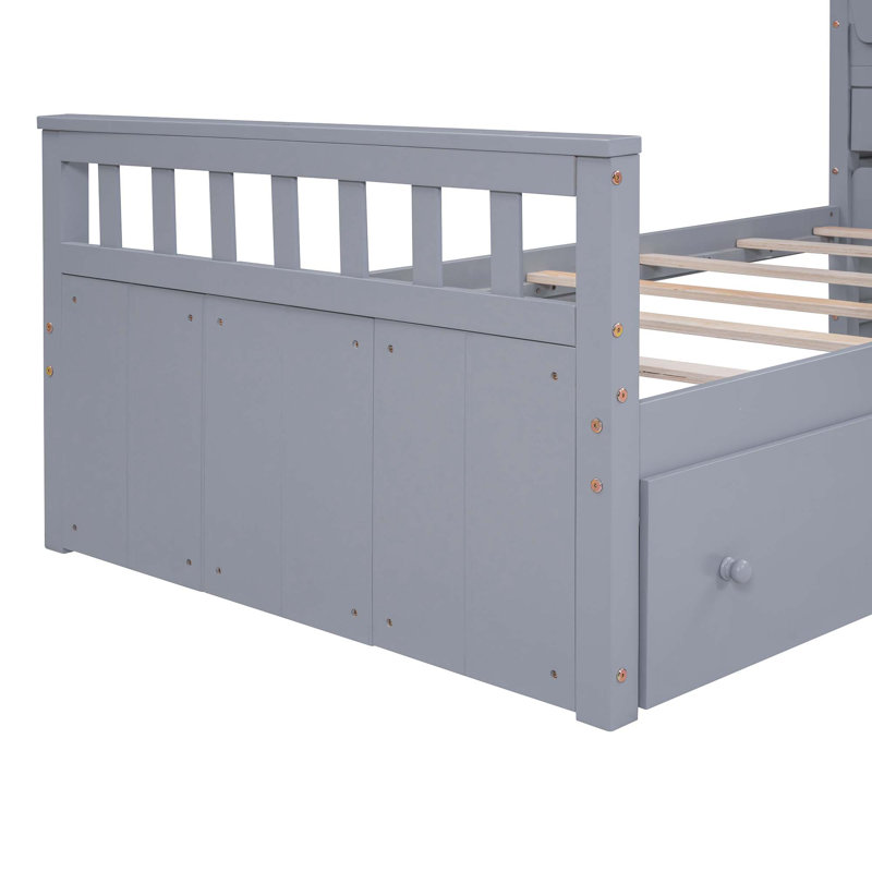 Lit mezzanine en forme de L avec 7 tiroirs et garde-corps complets, gris