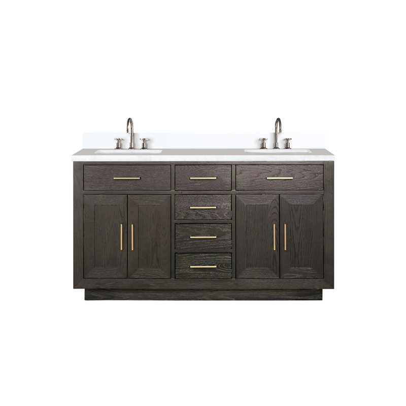 Meuble-lavabo double en chêne brun 60 po X P 22 po D, plateau en marbre de culture et robinet, Chêne brun