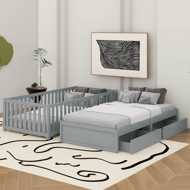 Lit de jour simple en bois avec garde-corps et tiroirs de clôture, divisé en lit de sol indépendant et lit de jour, Gris