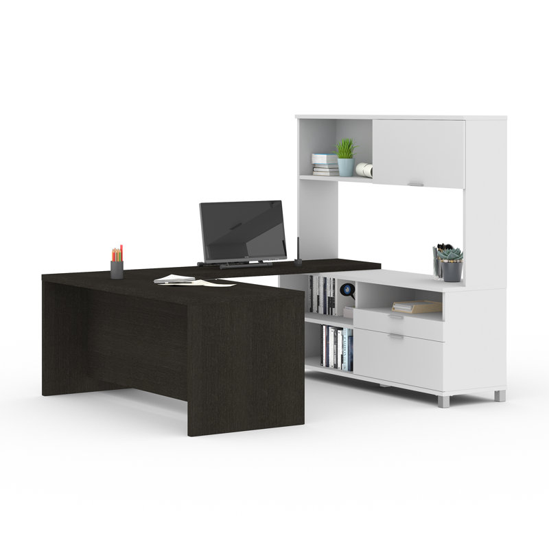 DeSandre 4 Piece Computer Desk Office Set, Dark Gray/White