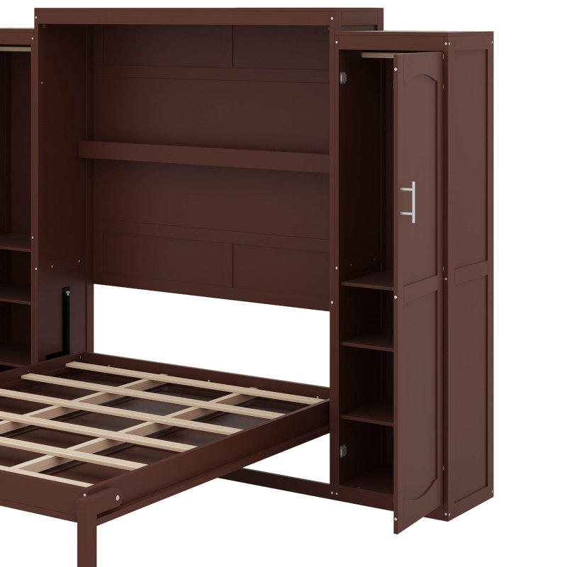 Lit escamotable avec 2 garde-robes et tablette de rangement, Noyer, Lit double