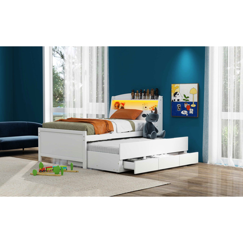 Lit plateforme simple blanc avec rangement, tête de lit à DEL, 3 tiroirs et lit gigogne - Fabrication en bois pour lit gigogne de rangement, tiroirs de tête de lit
