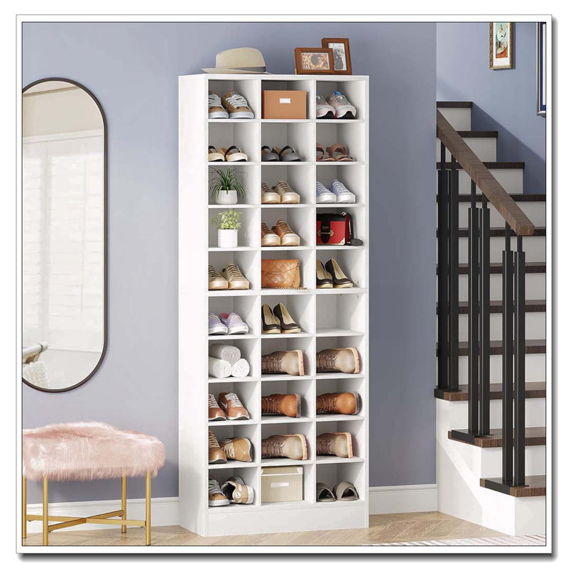25.6 Inches 10-Tier White Wooden Shoe Storage Cabinet, Modern 30-Cubby Wooden Shoe Rack Organizer, White