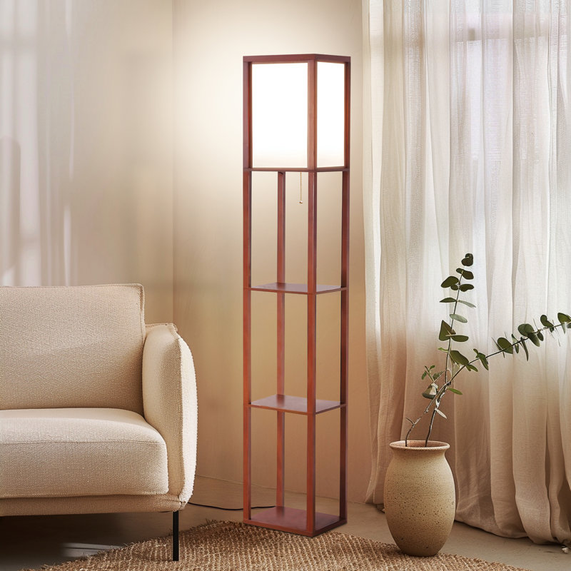 Maxwell 63" Modern LED Shelf Floor Lamp with Walnut Brown Finish, 3 Tiers, and Fabric Square Shade, Bulb Included, Brown