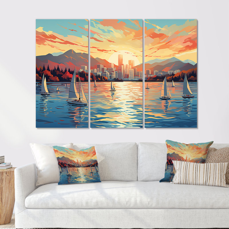 «Vancouver Port Sunset Sail - Port Landscape Coastal», art mural, Toile tendue, H 40 po x l 61 po x P 1 po