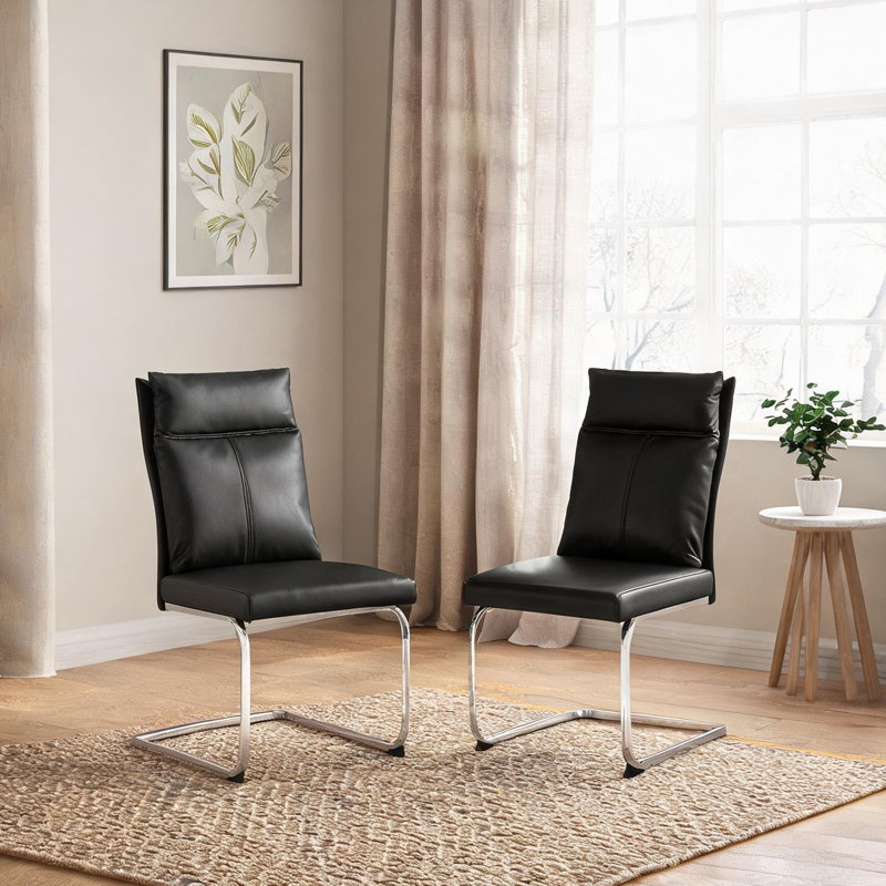 Ensemble de 2 chaises de salle à manger rembourrées en cuir noir avec dossier moelleux et pieds en métal galvanisé pour le salon de la salle à manger Modern