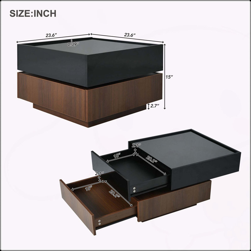Table basse multifonctionnelle carrée rotative à 360 ° avec 2 tiroirs, centre de table à 2 niveaux ultrabrillant pour le salon
