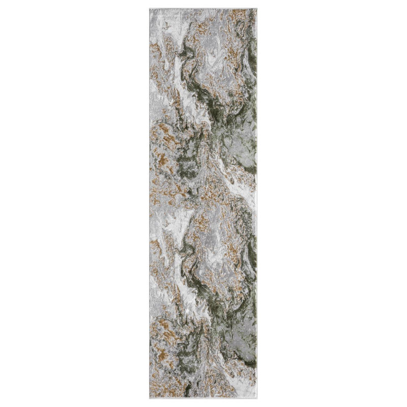 Modern Abstract Green Gold Area Rug, Runner 2'1" x 7'5"