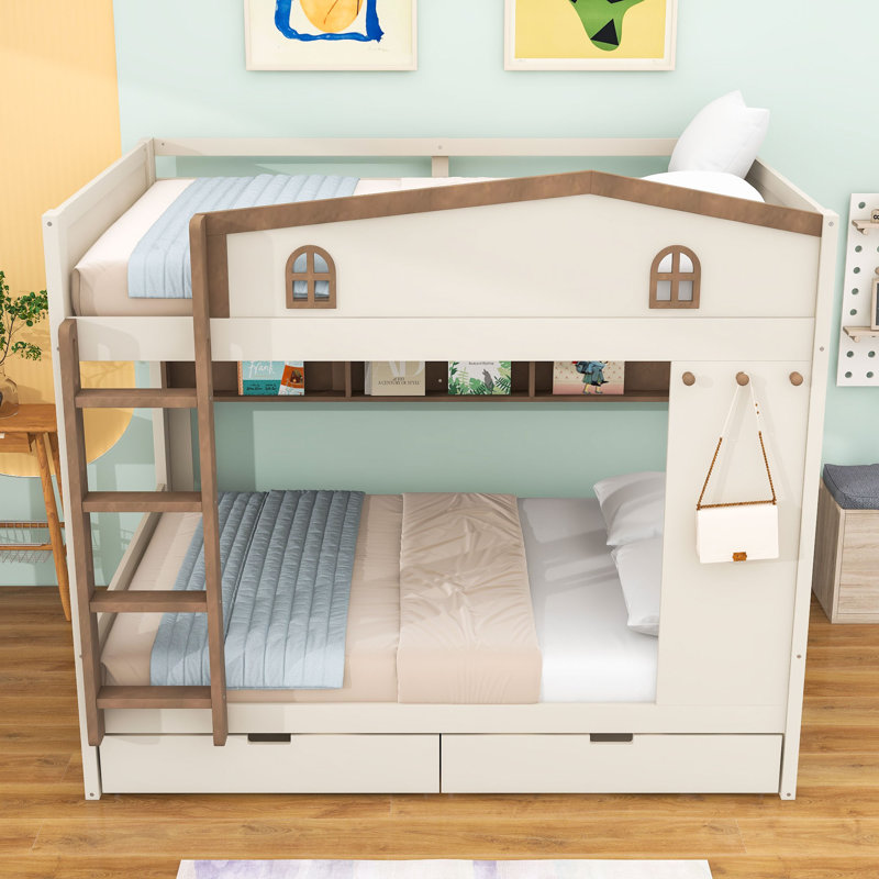 Queen over Queen Wood Bunk Bed with Storage Drawers and Shelves, Beige Natural