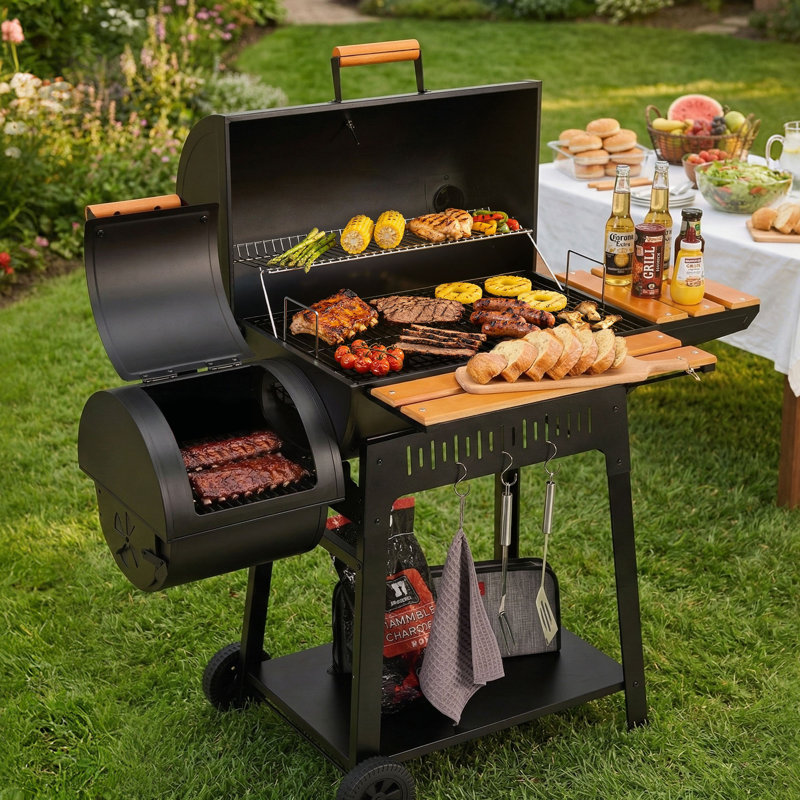 Royal Gourmet 28-inch Heavy Duty Charcoal Grill With Offset Smoker And Wooden Side Shelf, Black