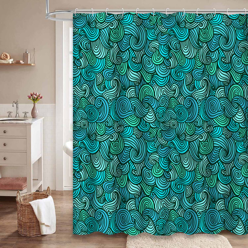 Rideau de douche abstrait à motif abstrait ondulé bleu avec 12 crochets, L 72 po x l 72 po