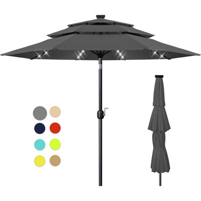 10Ft 3-Tier Solar Patio Umbrella，LED Lights Patio Umbrellas With 8 Sturdy Ribs,UV Protection For Garden Deck Backyard Pool
